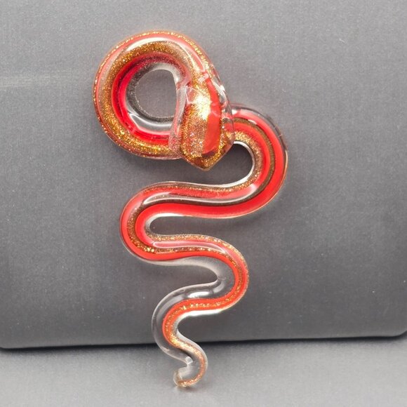 Artisan Made Glass Snake Pendant 2.5" Red w/ Gold Sparkle Sculptural Bail - Picture 5 of 7